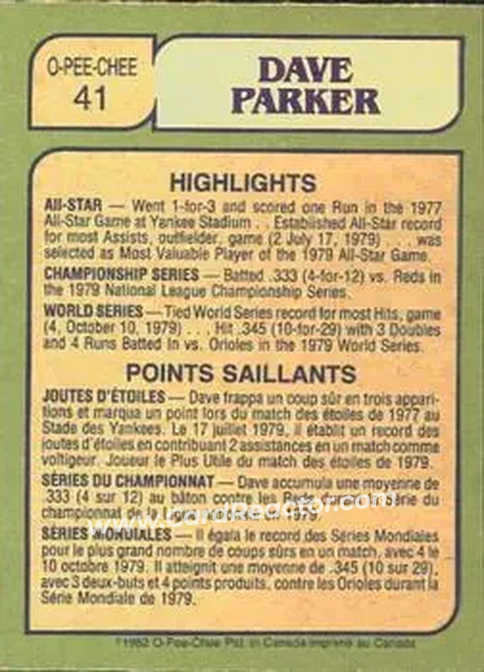 1982 O-Pee-Chee #41 - Dave Parker - Pittsburgh Pirates - Back 1982 O-Pee-Chee #41 - Dave Parker - Pittsburgh Pirates - Back