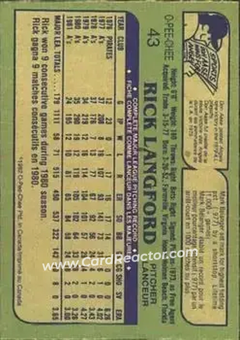 1982 O-Pee-Chee #43 - Rick Langford - Oakland Athletics - Back 1982 O-Pee-Chee #43 - Rick Langford - Oakland Athletics - Back