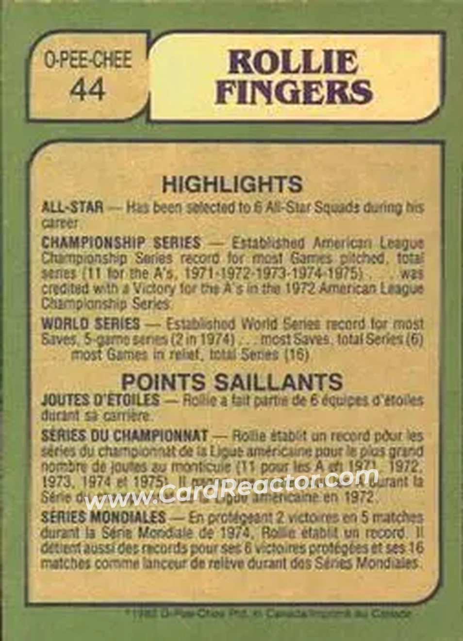 1982 O-Pee-Chee #44 - Rollie Fingers - Milwaukee Brewers - Back