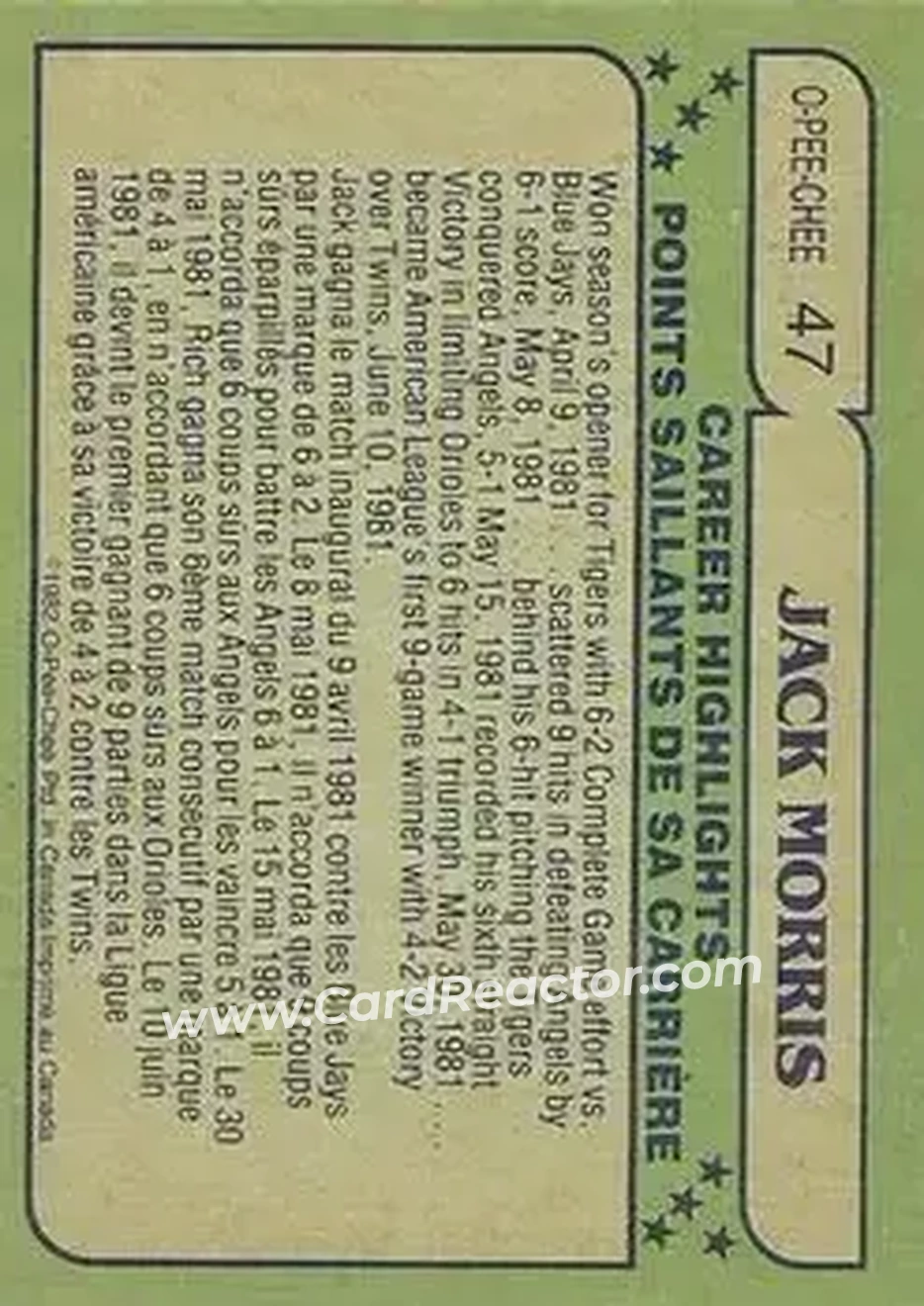 1982 O-Pee-Chee #47 - Jack Morris - Detroit Tigers - Back 1982 O-Pee-Chee #47 - Jack Morris - Detroit Tigers - Back