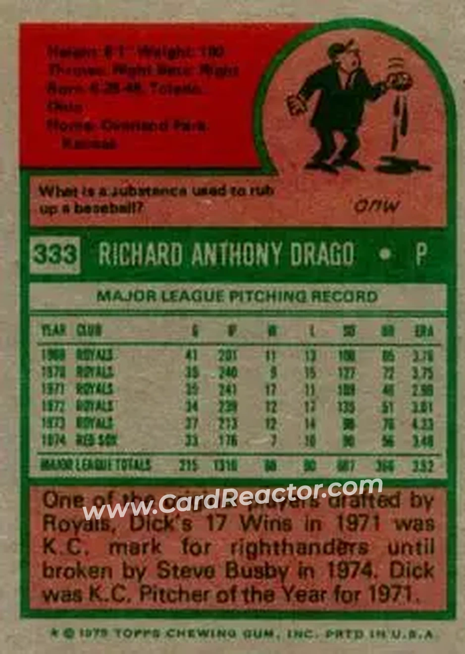 1975 Topps #333 - Dick Drago - Boston Red Sox - Back