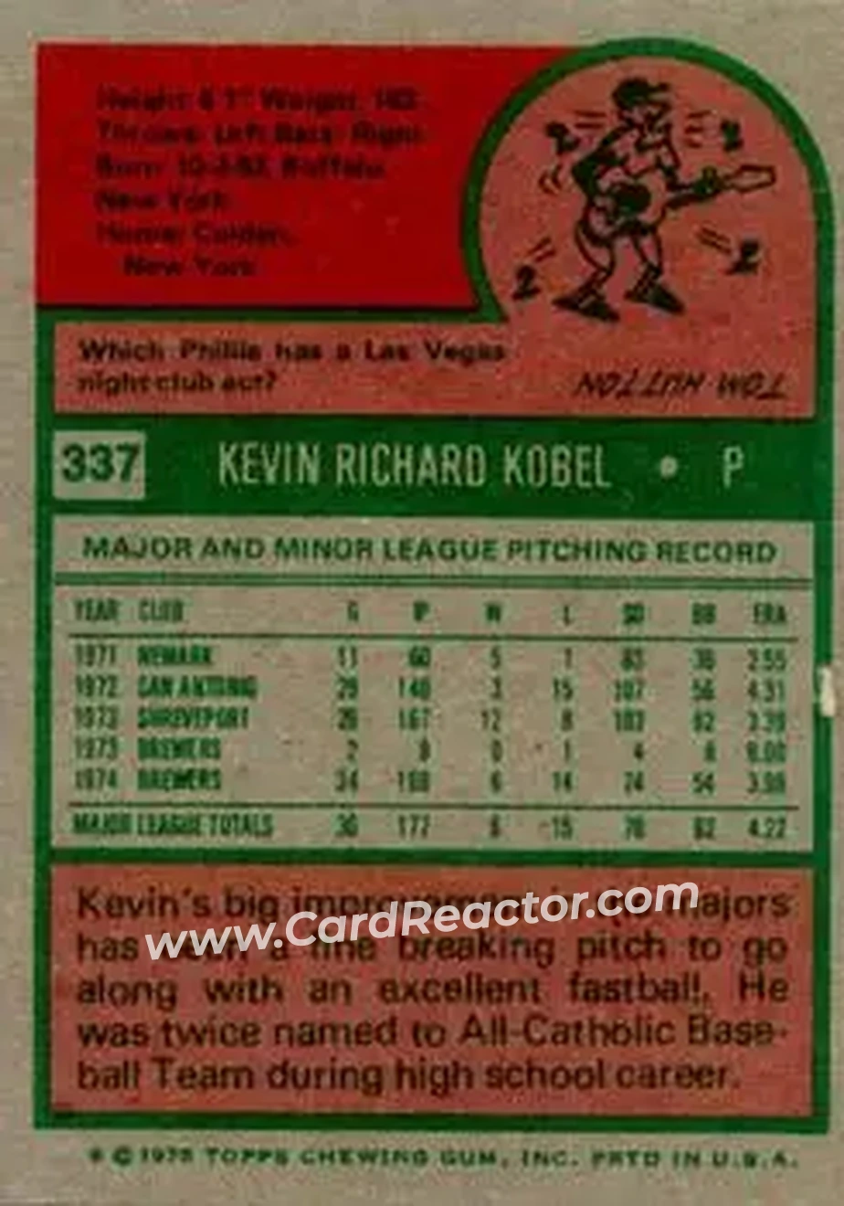 1975 Topps #337 - Kevin Kobel - Milwaukee Brewers - Back