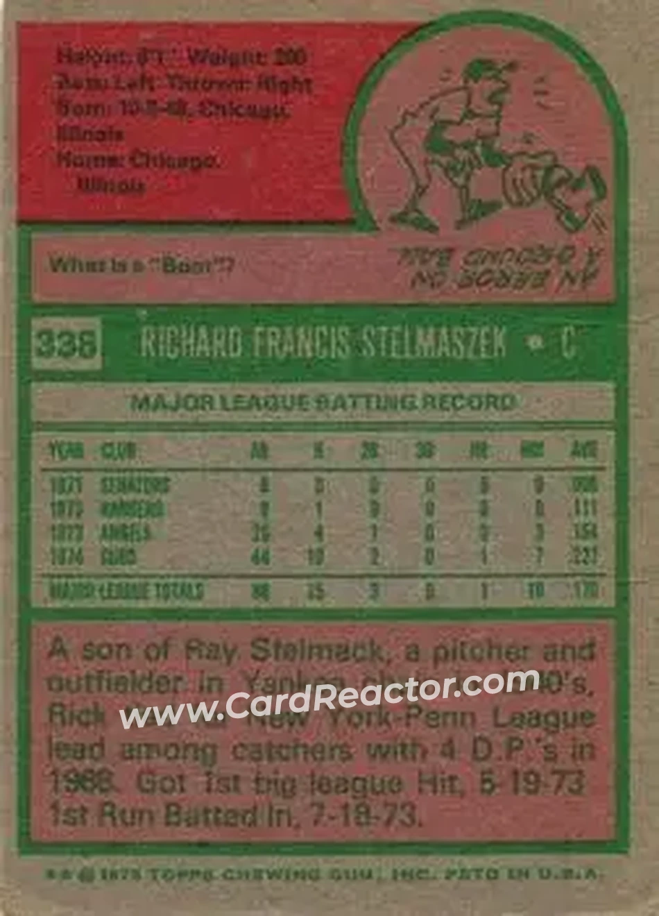 1975 Topps #338 - Rick Stelmaszek - Chicago Cubs - Back