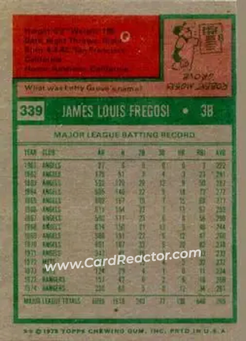 1975 Topps #339 - Jim Fregosi - Texas Rangers - Back