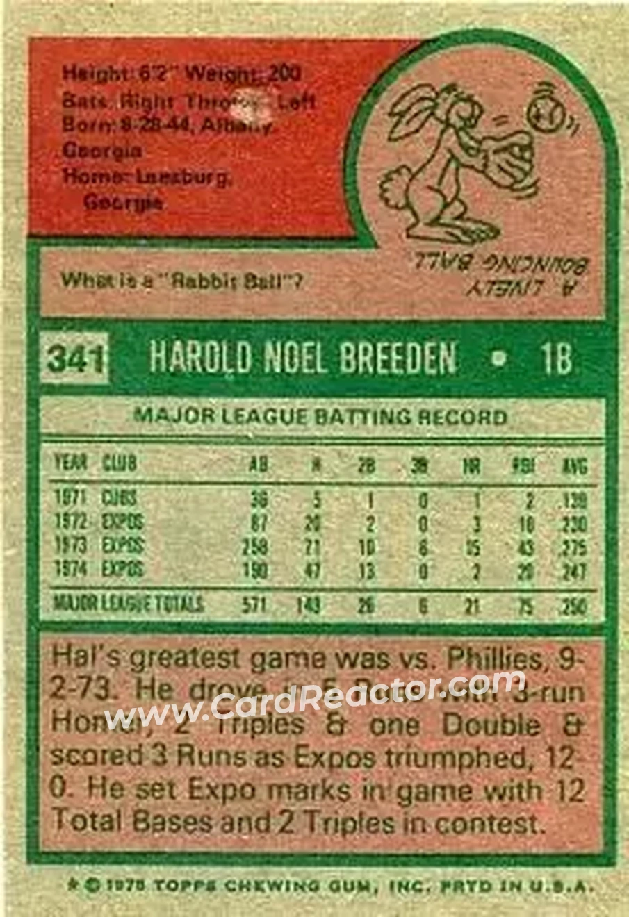 1975 Topps #341 - Hal Breeden - Montreal Expos - Back 1975 Topps #341 - Hal Breeden - Montreal Expos - Back