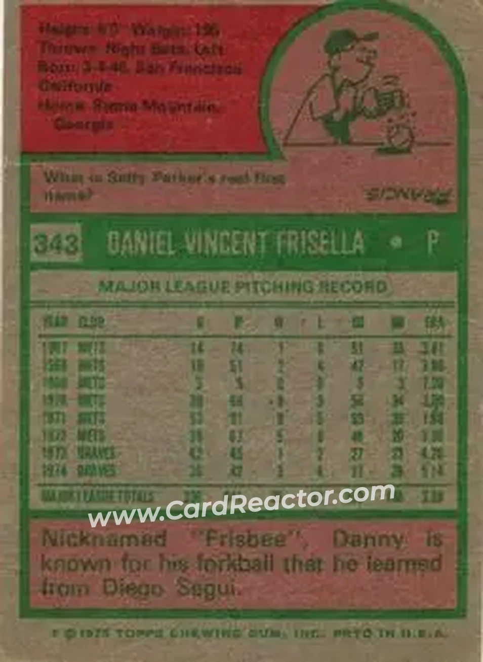 1975 Topps #343 - Dan Frisella - San Diego Padres - Back