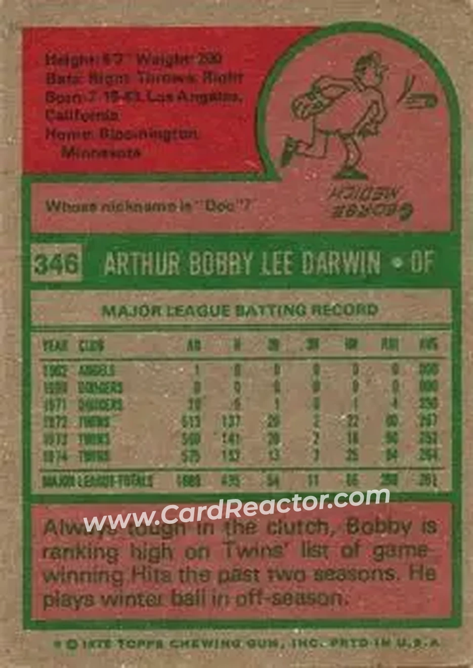 1975 Topps #346 - Bobby Darwin - Minnesota Twins - Back 1975 Topps #346 - Bobby Darwin - Minnesota Twins - Back