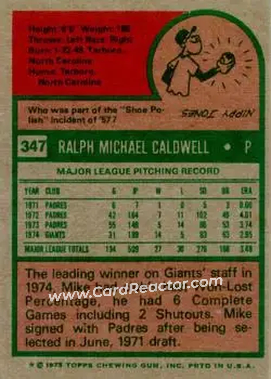 1975 Topps #347 - Mike Caldwell - San Francisco Giants - Back 1975 Topps #347 - Mike Caldwell - San Francisco Giants - Back