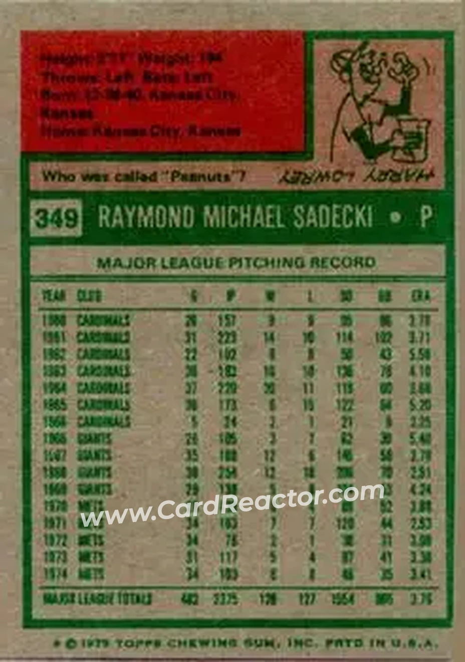 1975 Topps #349 - Ray Sadecki - St. Louis Cardinals - Back 1975 Topps #349 - Ray Sadecki - St. Louis Cardinals - Back