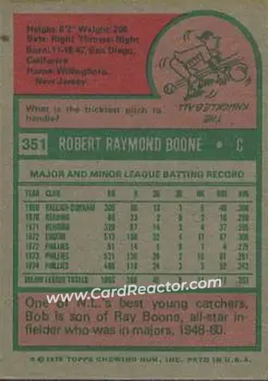 1975 Topps #351 - Bob Boone - Philadelphia Phillies - Back