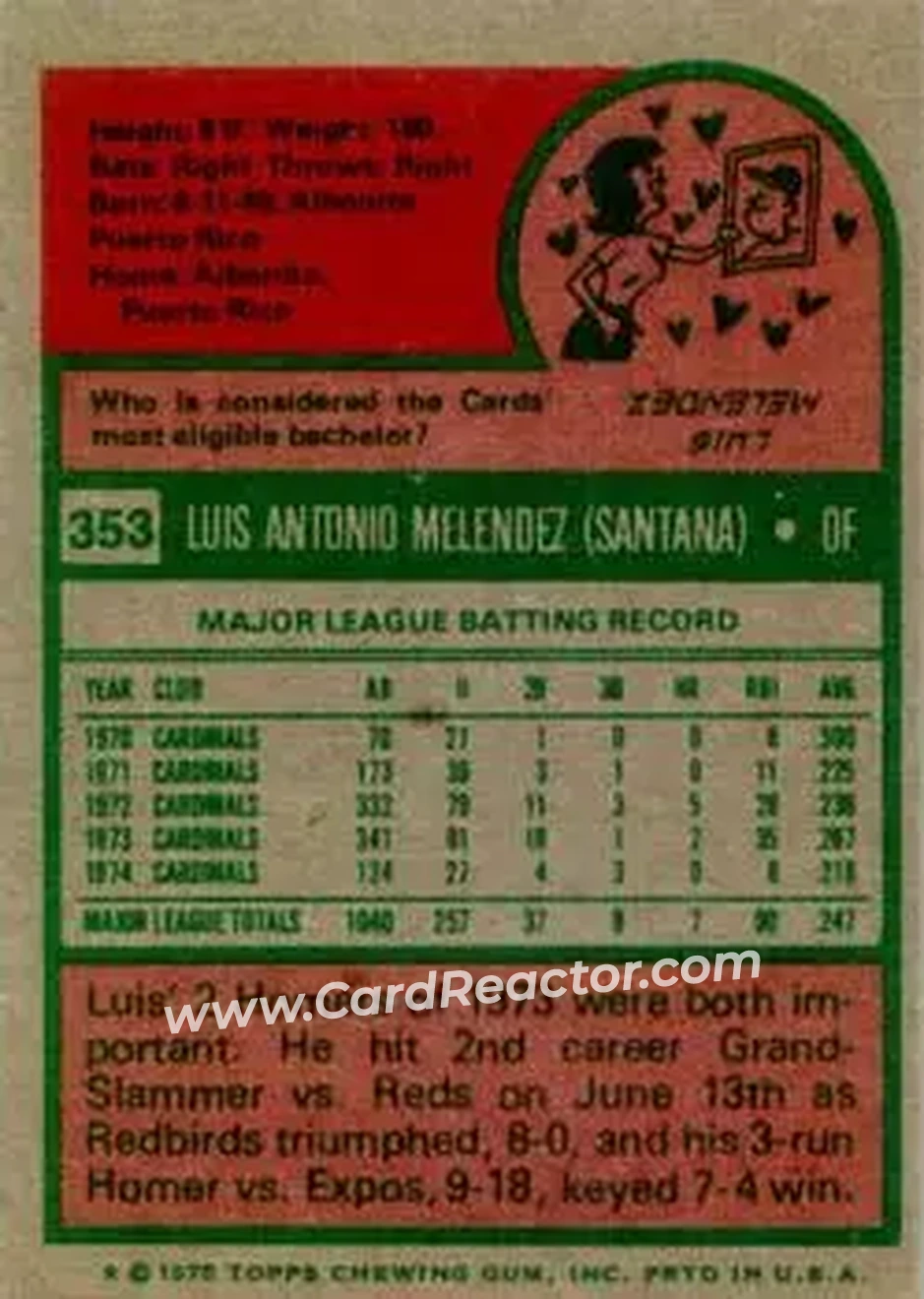 1975 Topps #353 - Luis Melendez - St. Louis Cardinals - Back