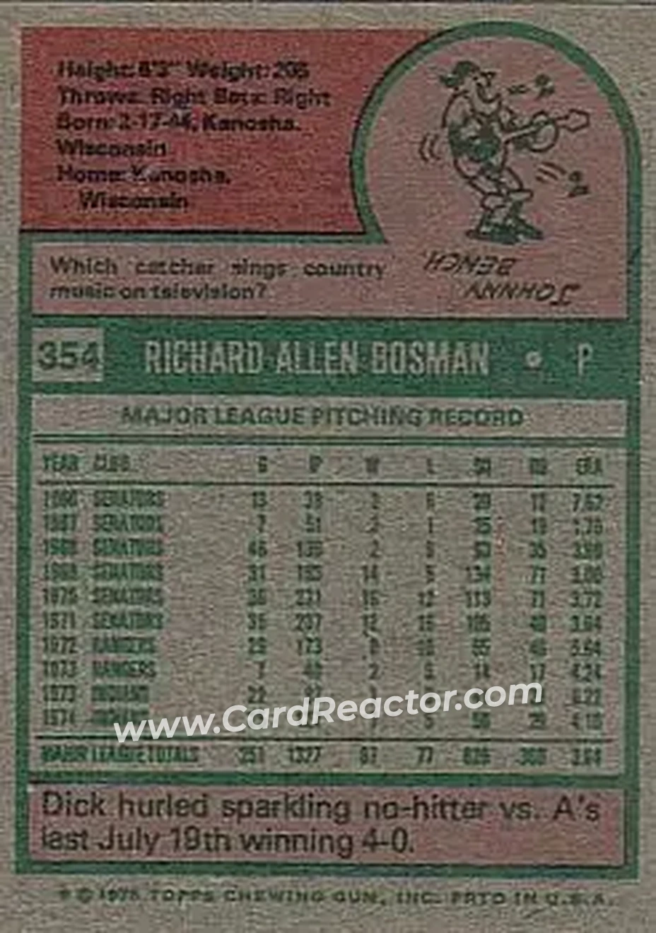 1975 Topps #354 - Dick Bosman - Cleveland Indians - Back