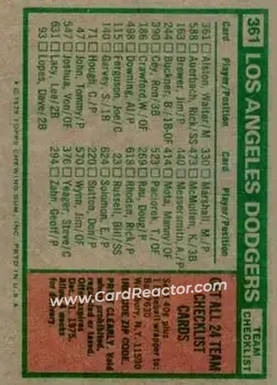 1975 Topps #361 - Card #361 - Los Angeles Dodgers - Back 1975 Topps #361 - Card #361 - Los Angeles Dodgers - Back