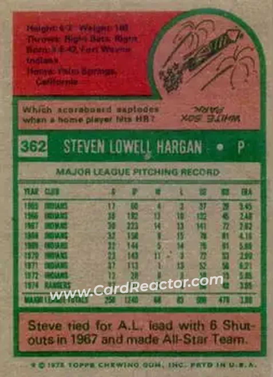 1975 Topps #362 - Steve Hargan - Texas Rangers - Back 1975 Topps #362 - Steve Hargan - Texas Rangers - Back