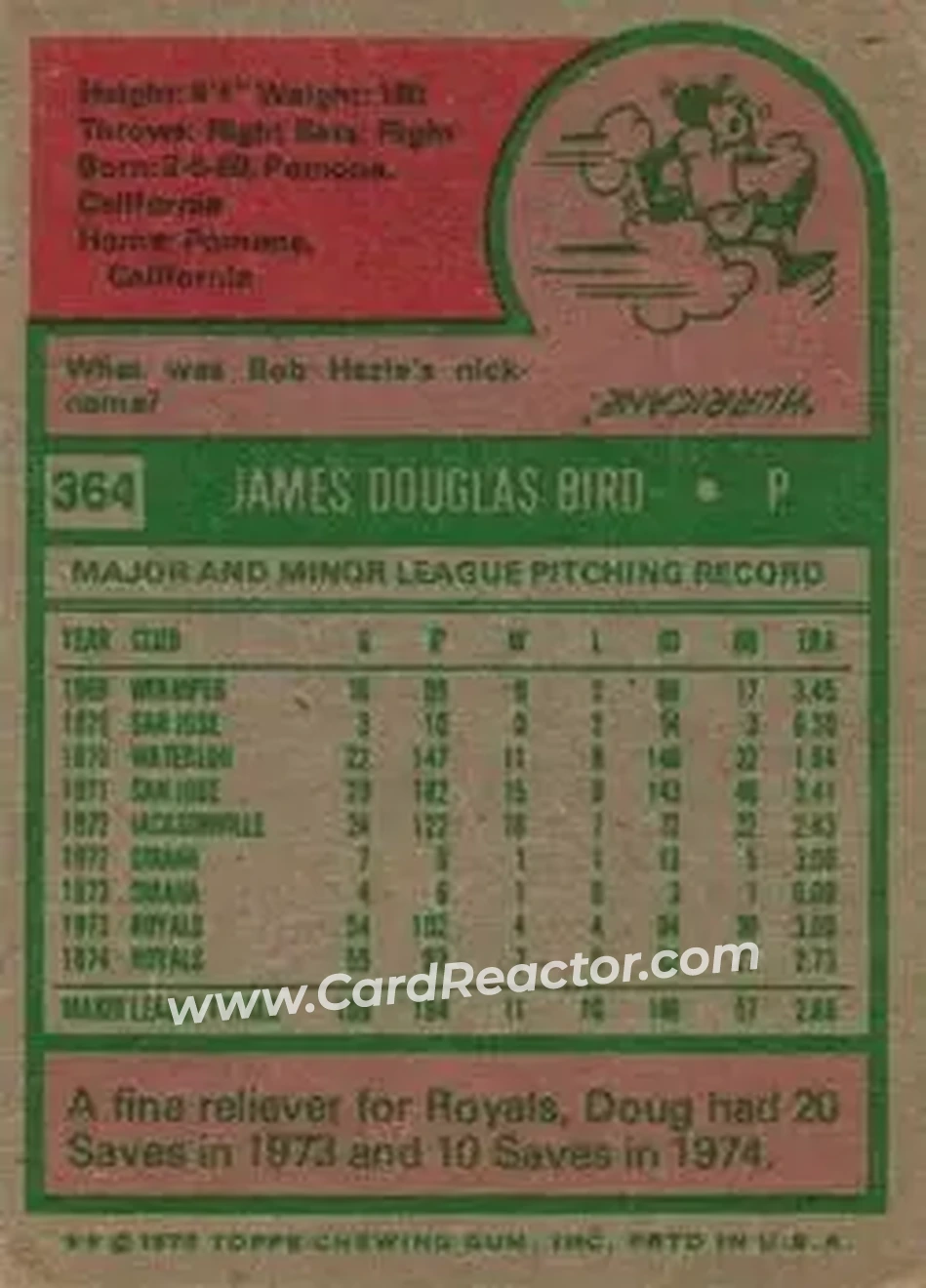 1975 Topps #364 - Doug Bird - Kansas City Royals - Back