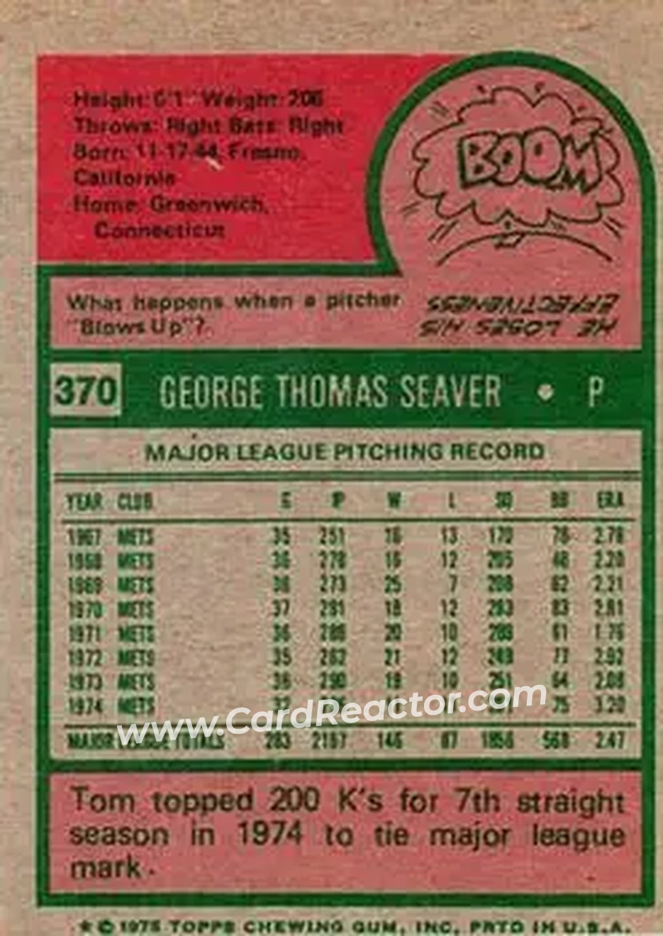 1975 Topps #370 - Tom Seaver - New York Mets - Back