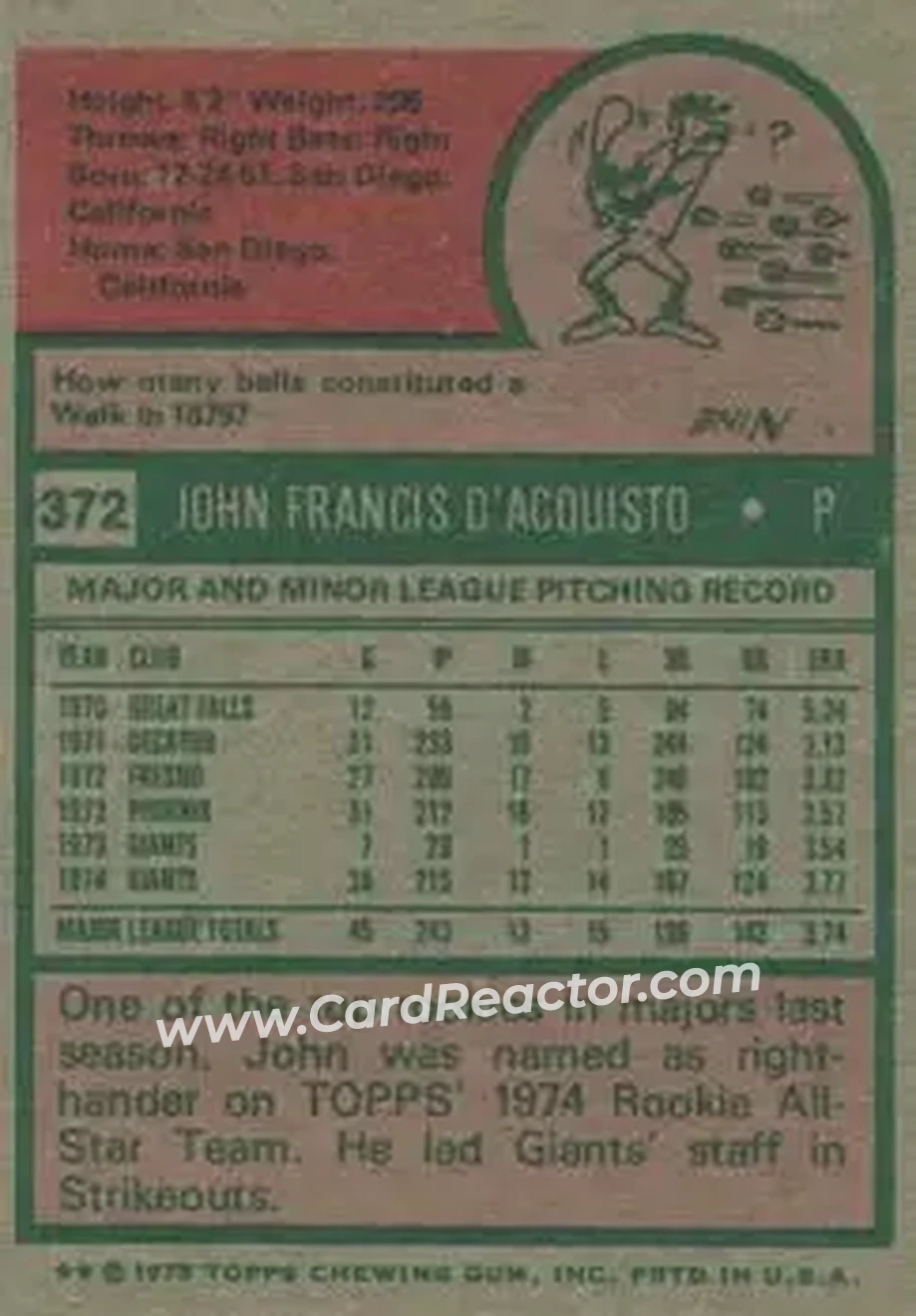 1975 Topps #372 - John D'Acquisto - San Francisco Giants - Back 1975 Topps #372 - John D'Acquisto - San Francisco Giants - Back