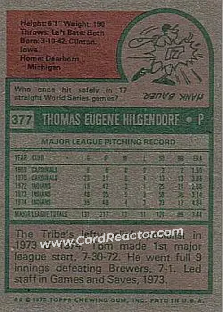 1975 Topps #377 - Tom Hilgendorf - Cleveland Indians - Back