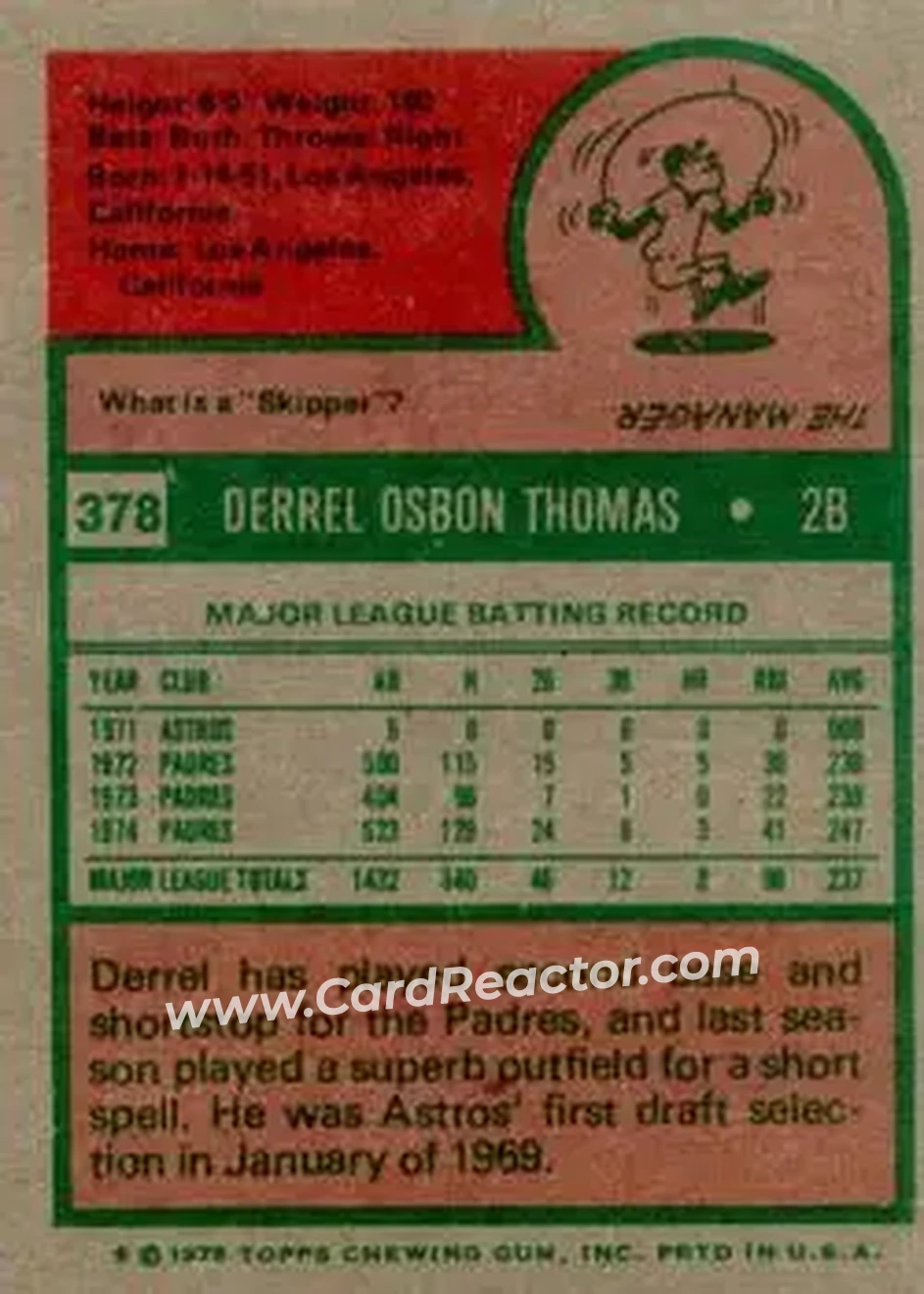 1975 Topps #378 - Derrel Thomas - San Diego Padres - Back 1975 Topps #378 - Derrel Thomas - San Diego Padres - Back