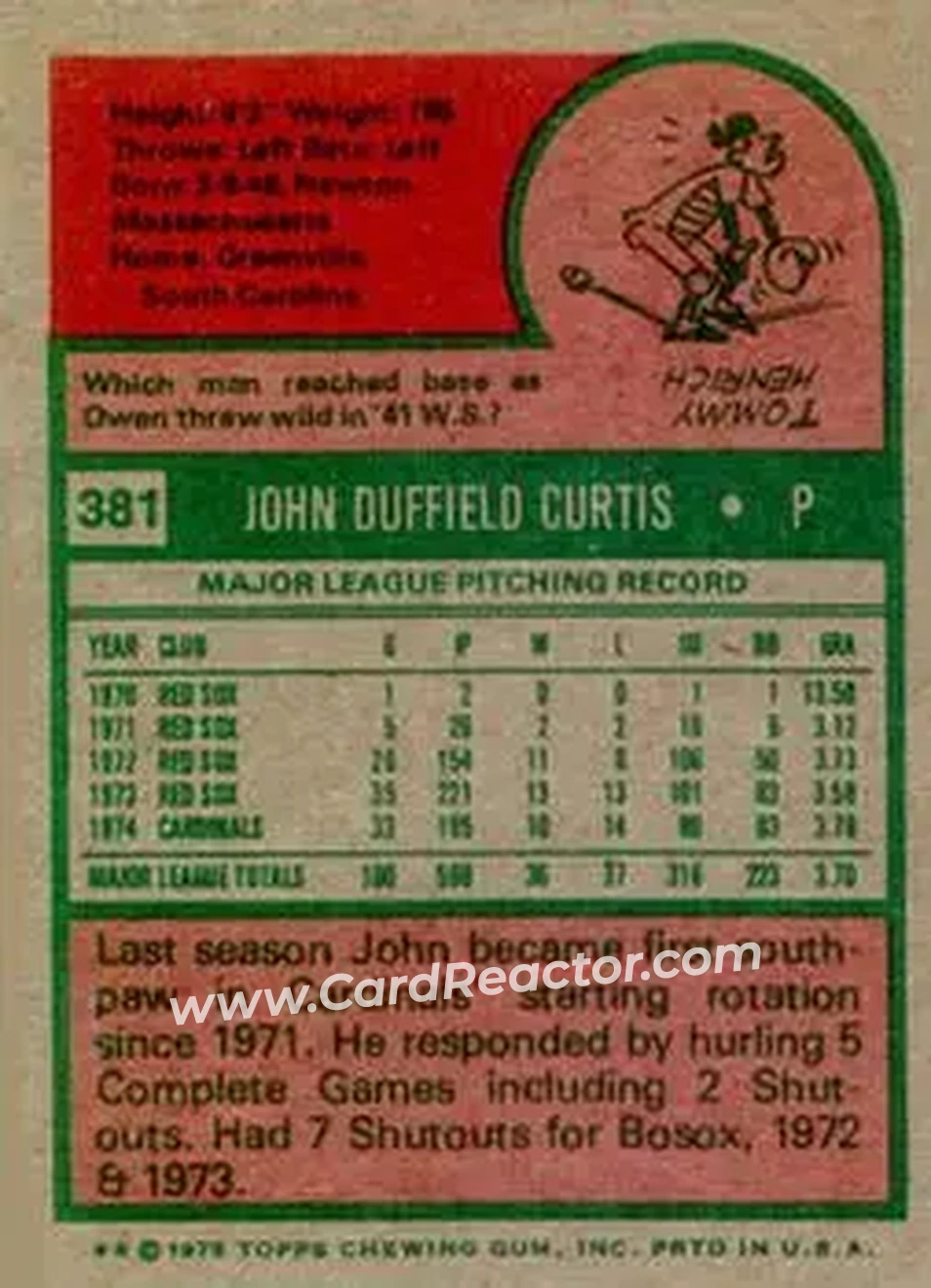 1975 Topps #381 - John Curtis - St. Louis Cardinals - Back
