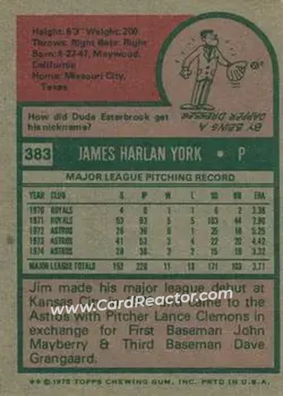 1975 Topps #383 - Jim York - Houston Astros - Back