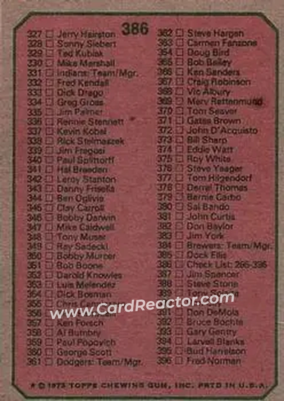 1975 Topps #386 - Card #386 - Back
