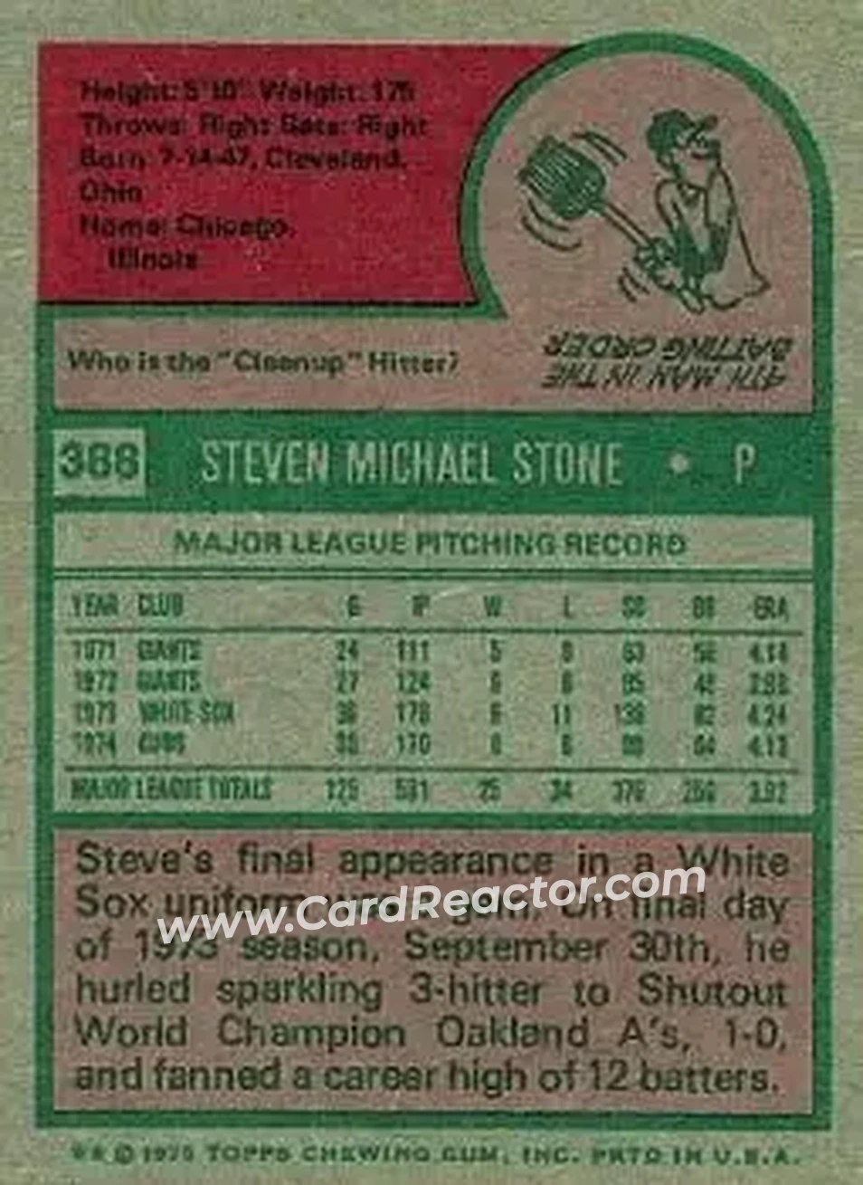 1975 Topps #388 - Steve Stone - Chicago Cubs - Back 1975 Topps #388 - Steve Stone - Chicago Cubs - Back