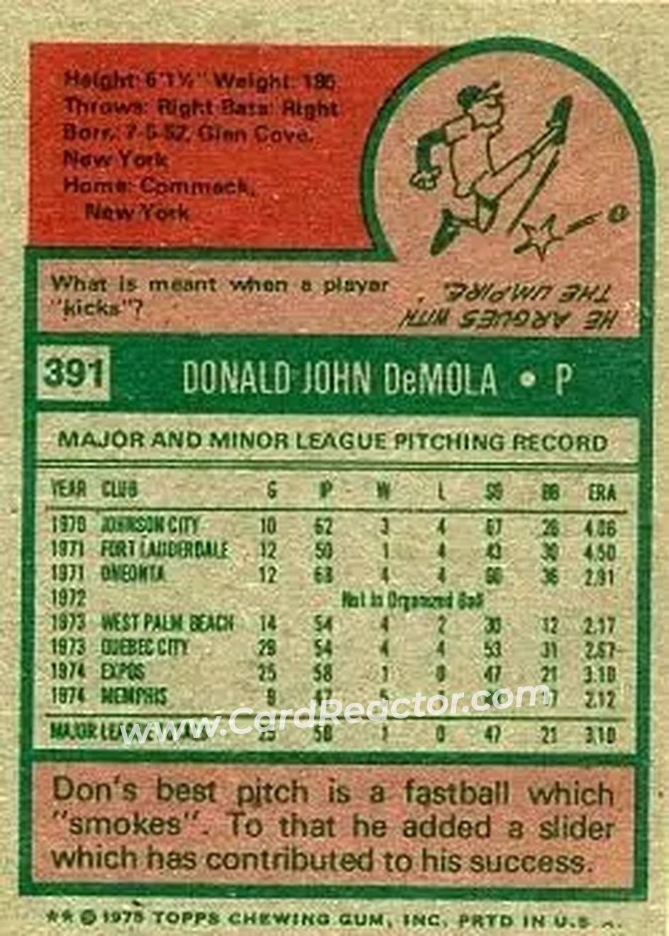 1975 Topps #391 - Don DeMola - Montreal Expos - Back 1975 Topps #391 - Don DeMola - Montreal Expos - Back