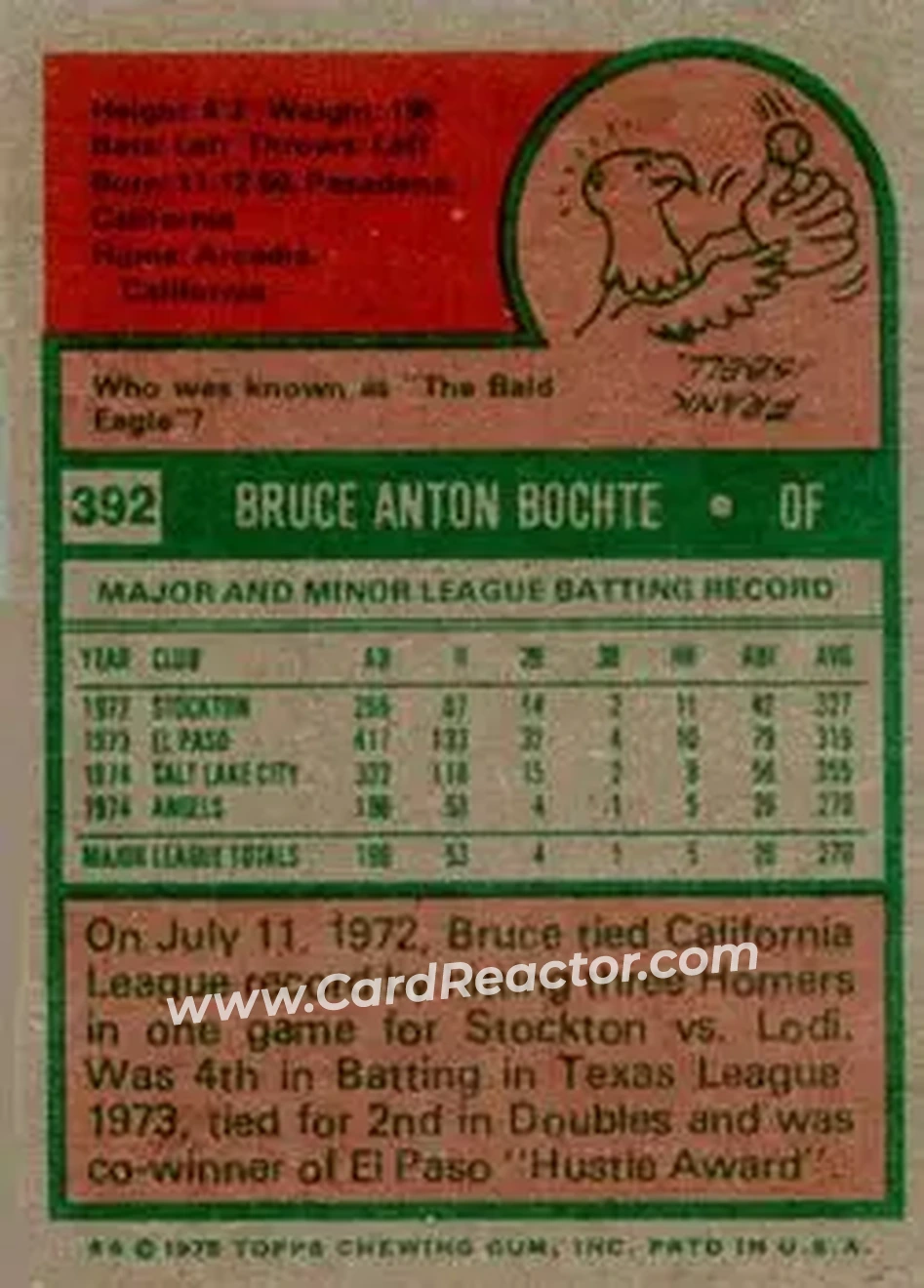 1975 Topps #392 - Bruce Bochte - California Angels - Back 1975 Topps #392 - Bruce Bochte - California Angels - Back