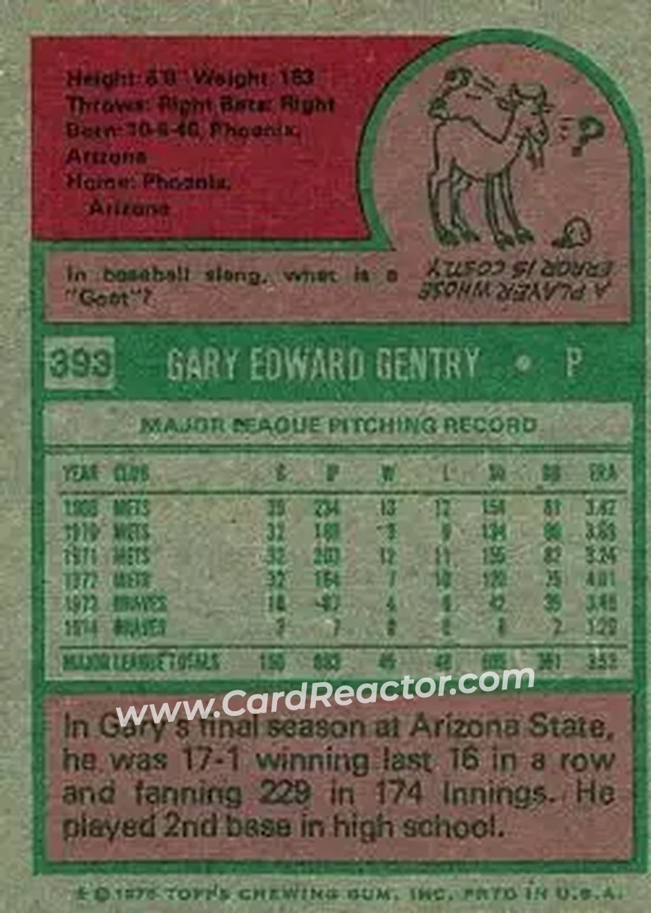 1975 Topps #393 - Gary Gentry - Atlanta Braves - Back