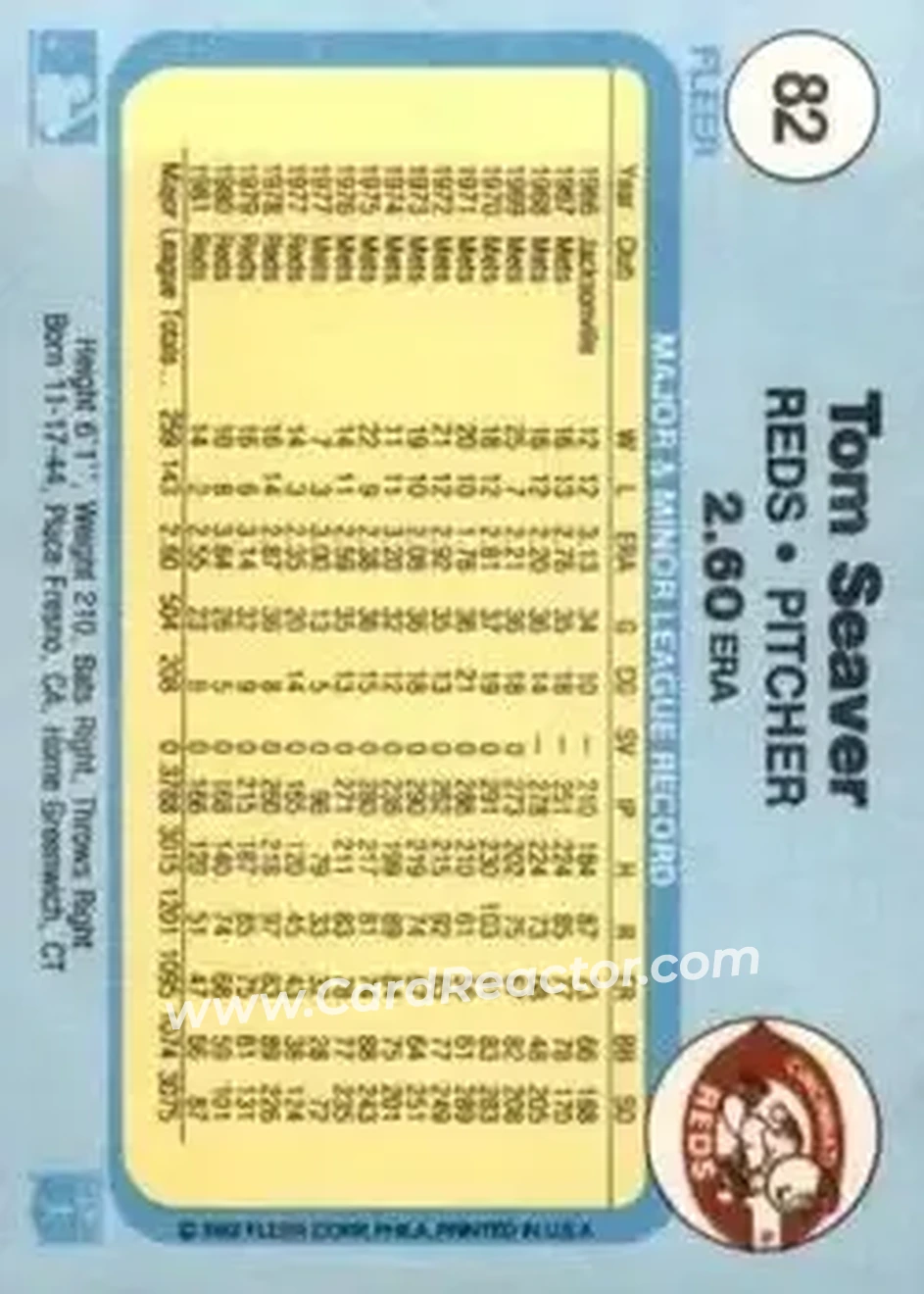 1982 Fleer #82 - Tom Seaver - Cincinnati Reds - Back 1982 Fleer #82 - Tom Seaver - Cincinnati Reds - Back