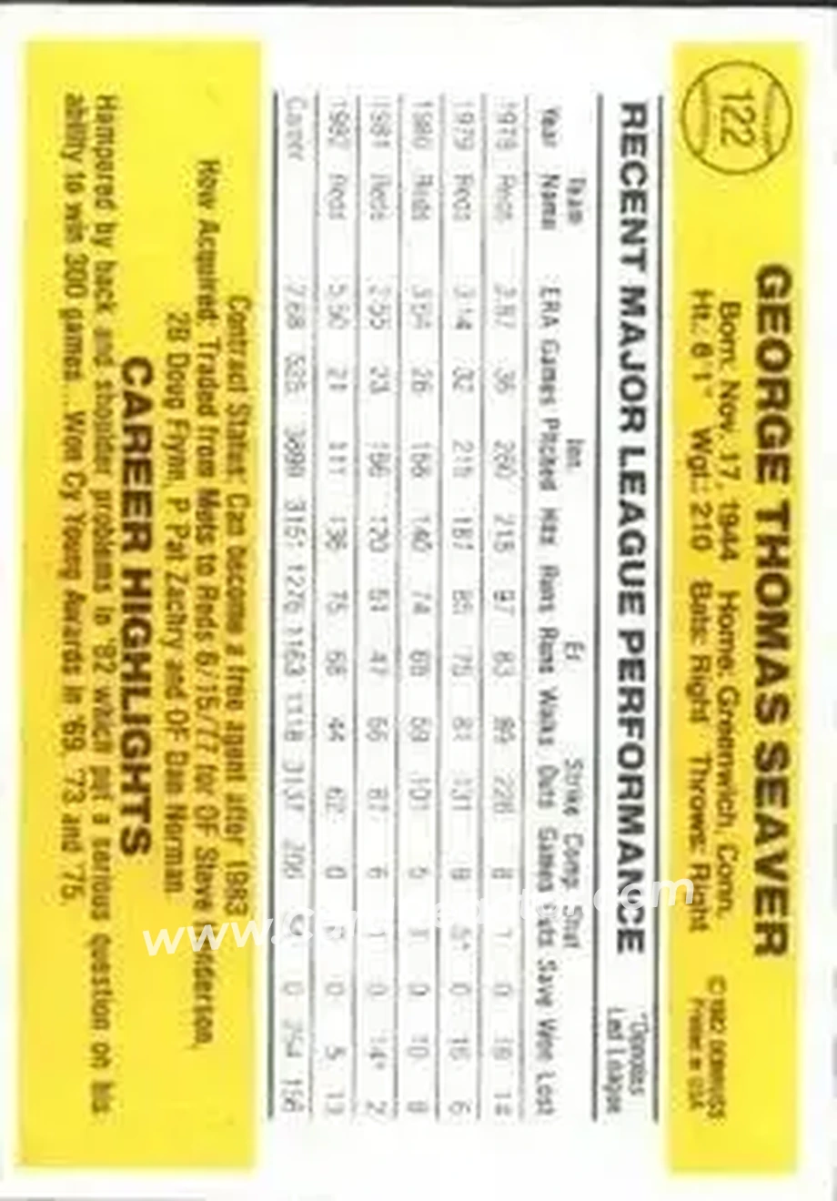 1983 Donruss #122 - Tom Seaver - Cincinnati Reds - Back 1983 Donruss #122 - Tom Seaver - Cincinnati Reds - Back