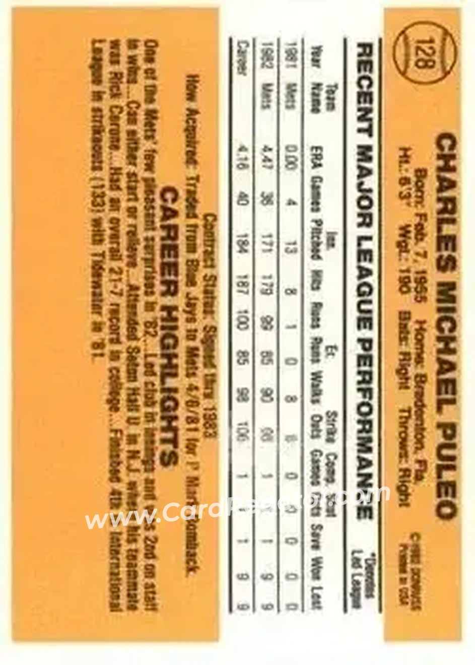 1983 Donruss #128 - Charlie Puleo - New York Mets - Back