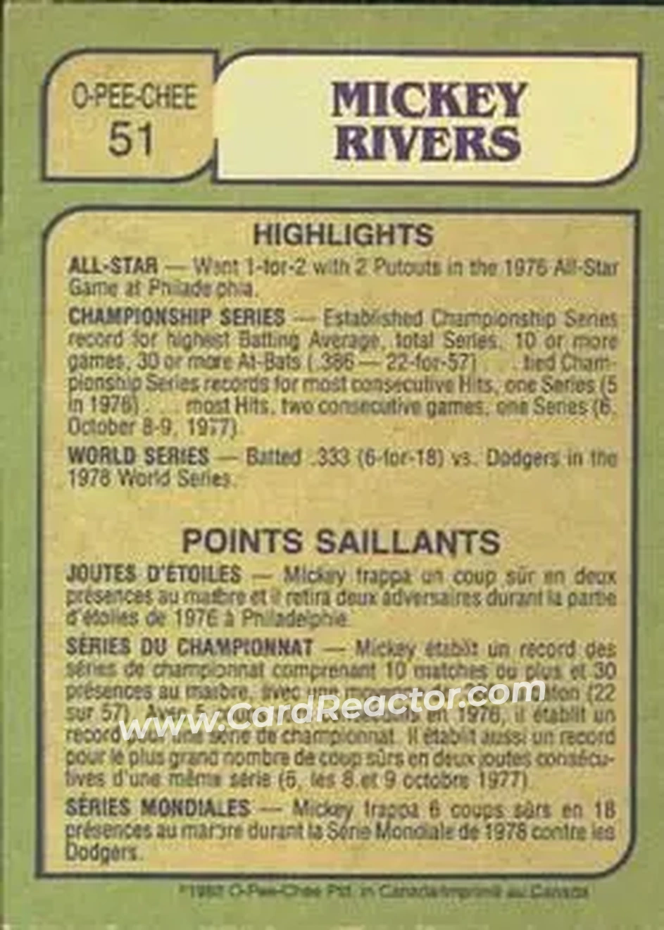 1982 O-Pee-Chee #51 - Mickey Rivers - Texas Rangers - Back