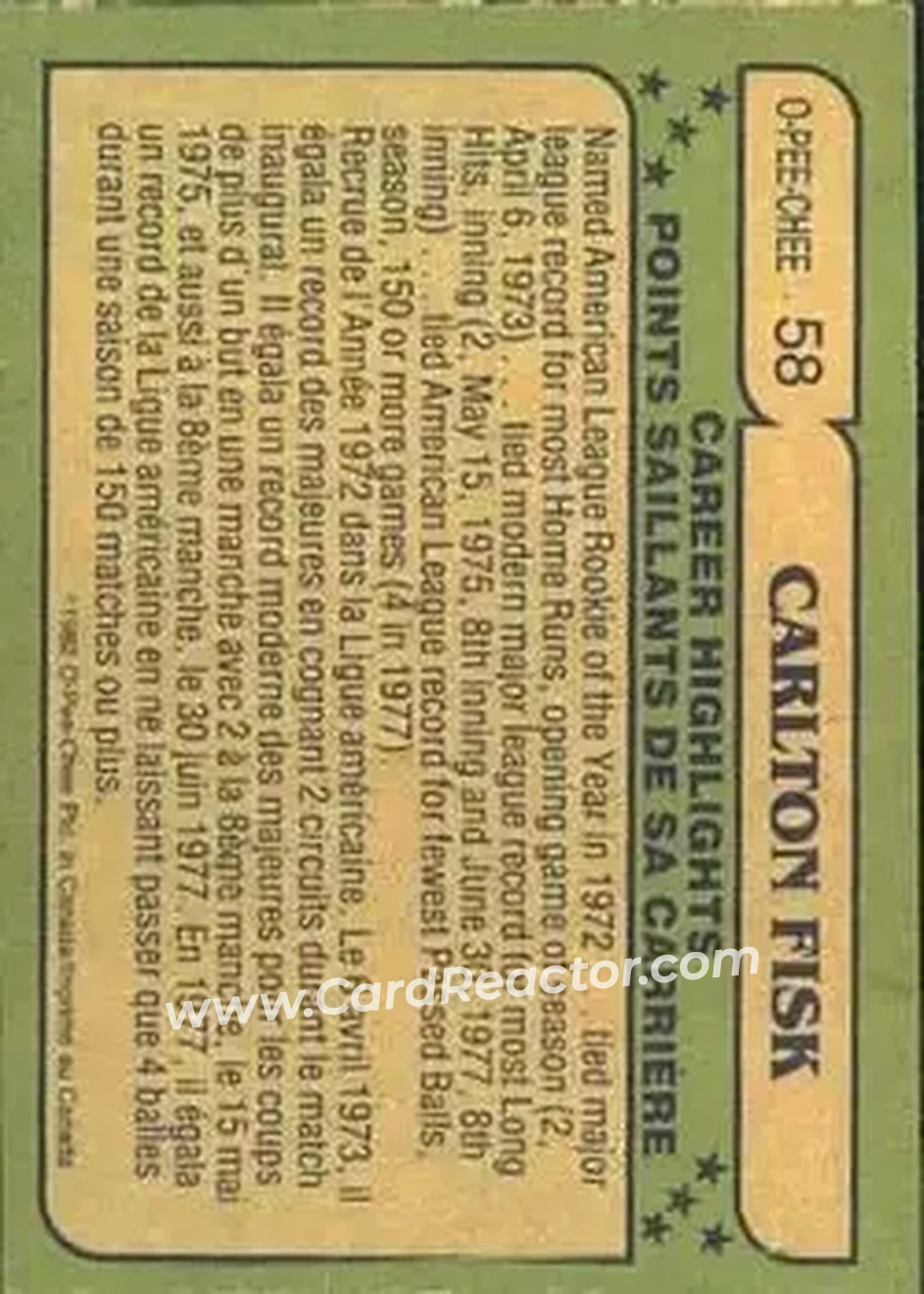 1982 O-Pee-Chee #58 - Carlton Fisk - Chicago White Sox - Back