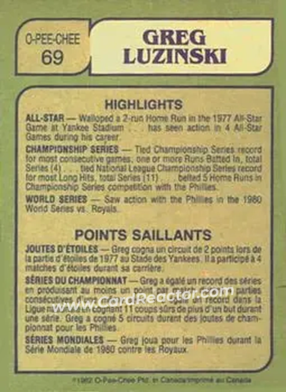 1982 O-Pee-Chee #69 - Greg Luzinski - Chicago White Sox - Back