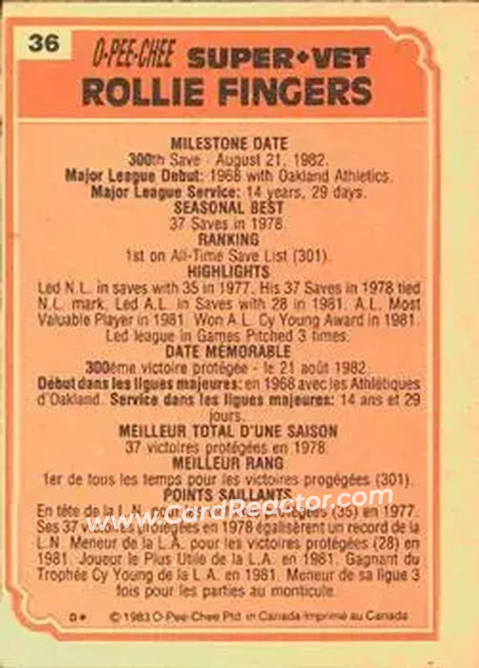1983 O-Pee-Chee #36 - Rollie Fingers - Back 1983 O-Pee-Chee #36 - Rollie Fingers - Back