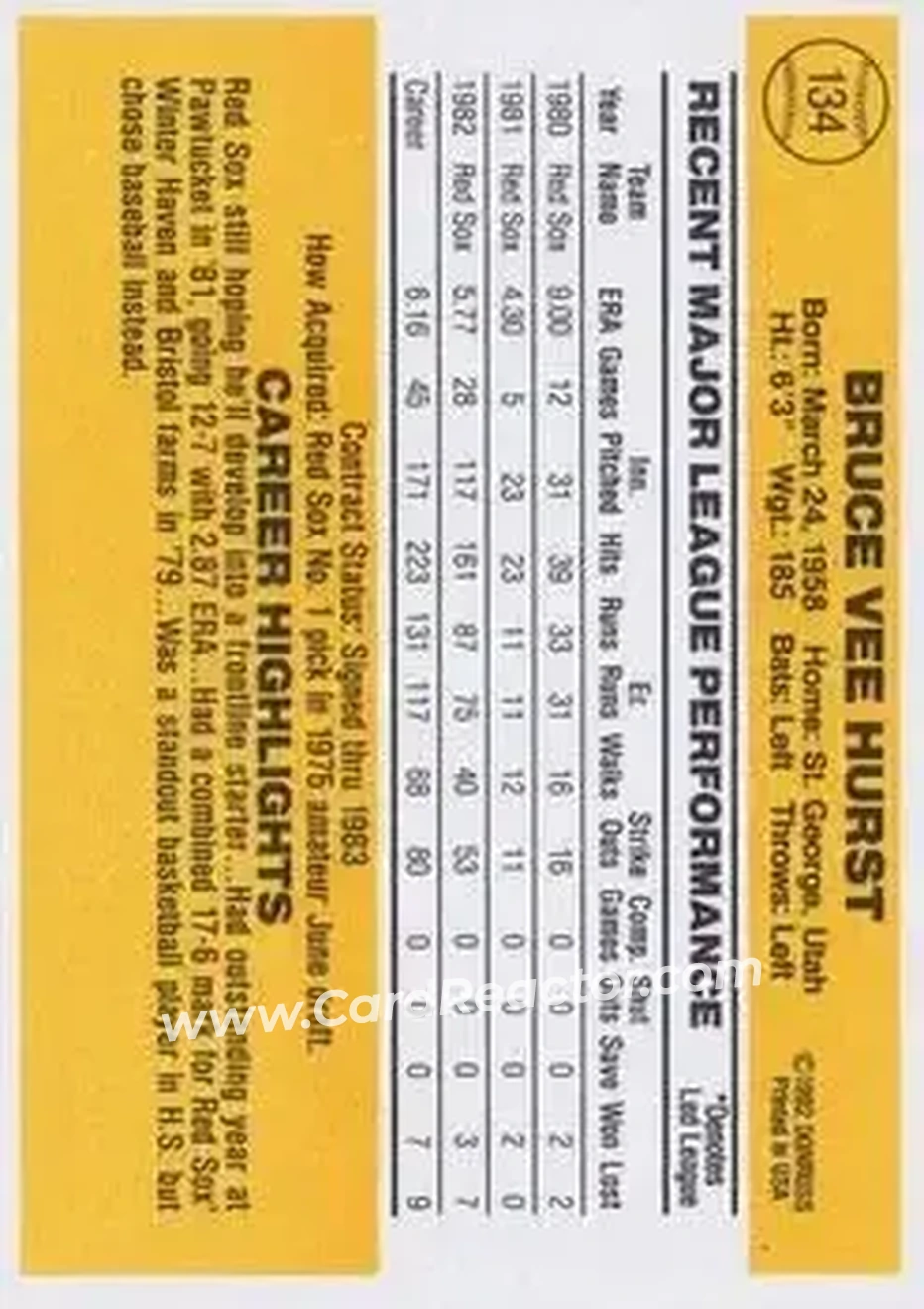 1983 Donruss #134 - Bruce Hurst - Boston Red Sox - Back 1983 Donruss #134 - Bruce Hurst - Boston Red Sox - Back