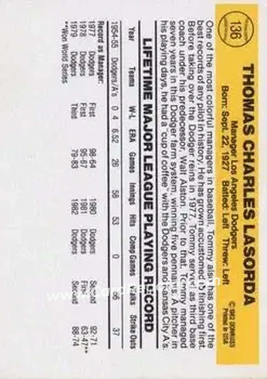 1983 Donruss #136 - Tom Lasorda - Los Angeles Dodgers - Back