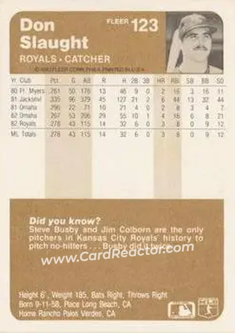 1983 Fleer #123 - Don Slaught - Kansas City Royals - Back