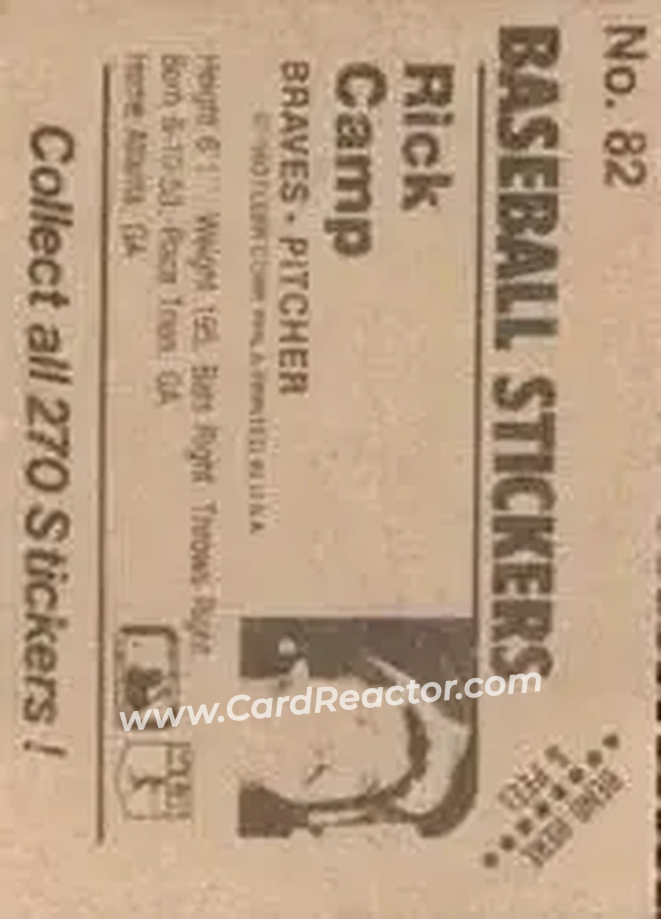1983 Fleer Star Stickers #82 - Rick Camp - Atlanta Braves - Back 1983 Fleer Star Stickers #82 - Rick Camp - Atlanta Braves - Back