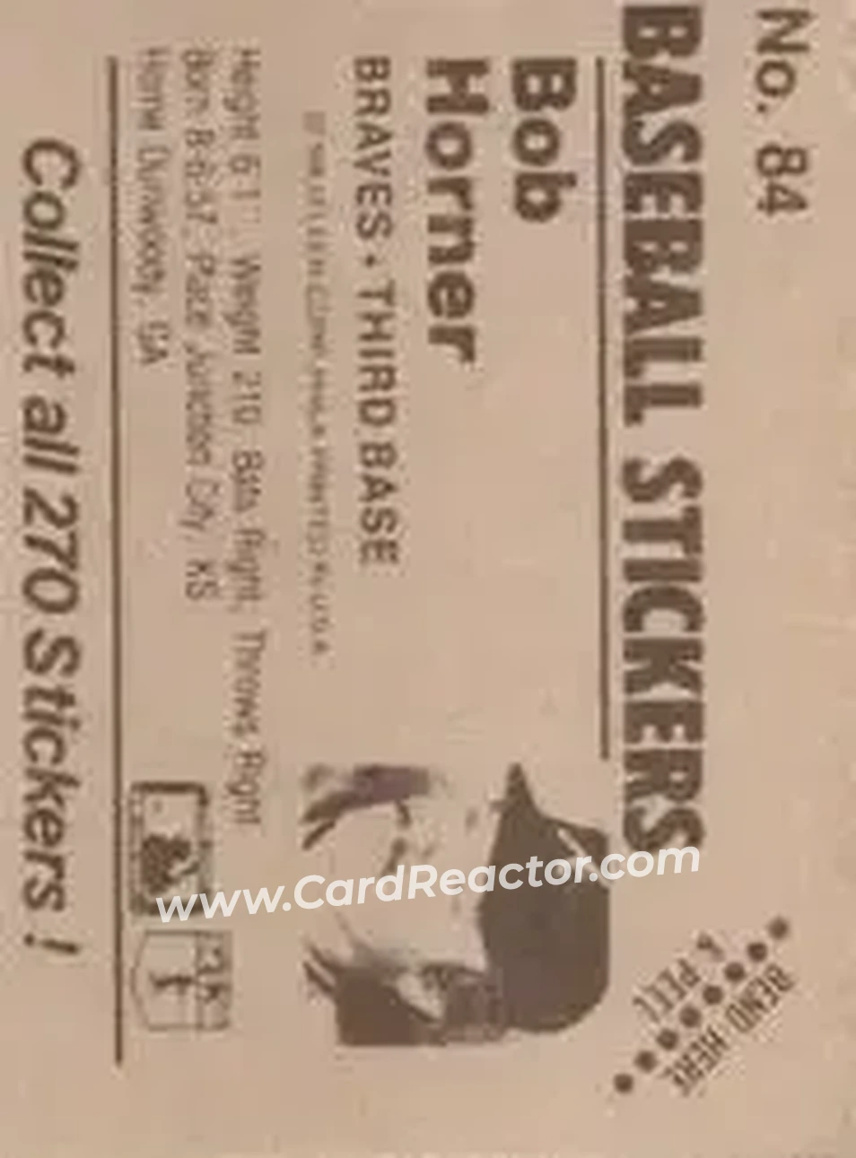 1983 Fleer Star Stickers #84 - Bob Horner - Atlanta Braves - Back 1983 Fleer Star Stickers #84 - Bob Horner - Atlanta Braves - Back