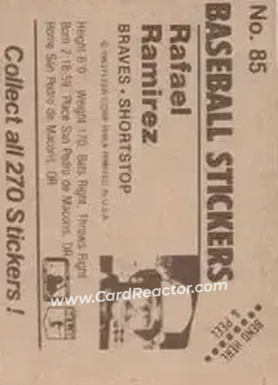 1983 Fleer Star Stickers #85 - Rafael Ramirez - Atlanta Braves - Back