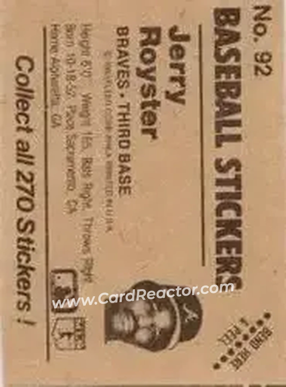 1983 Fleer Star Stickers #92 - Jerry Royster - Atlanta Braves - Back 1983 Fleer Star Stickers #92 - Jerry Royster - Atlanta Braves - Back