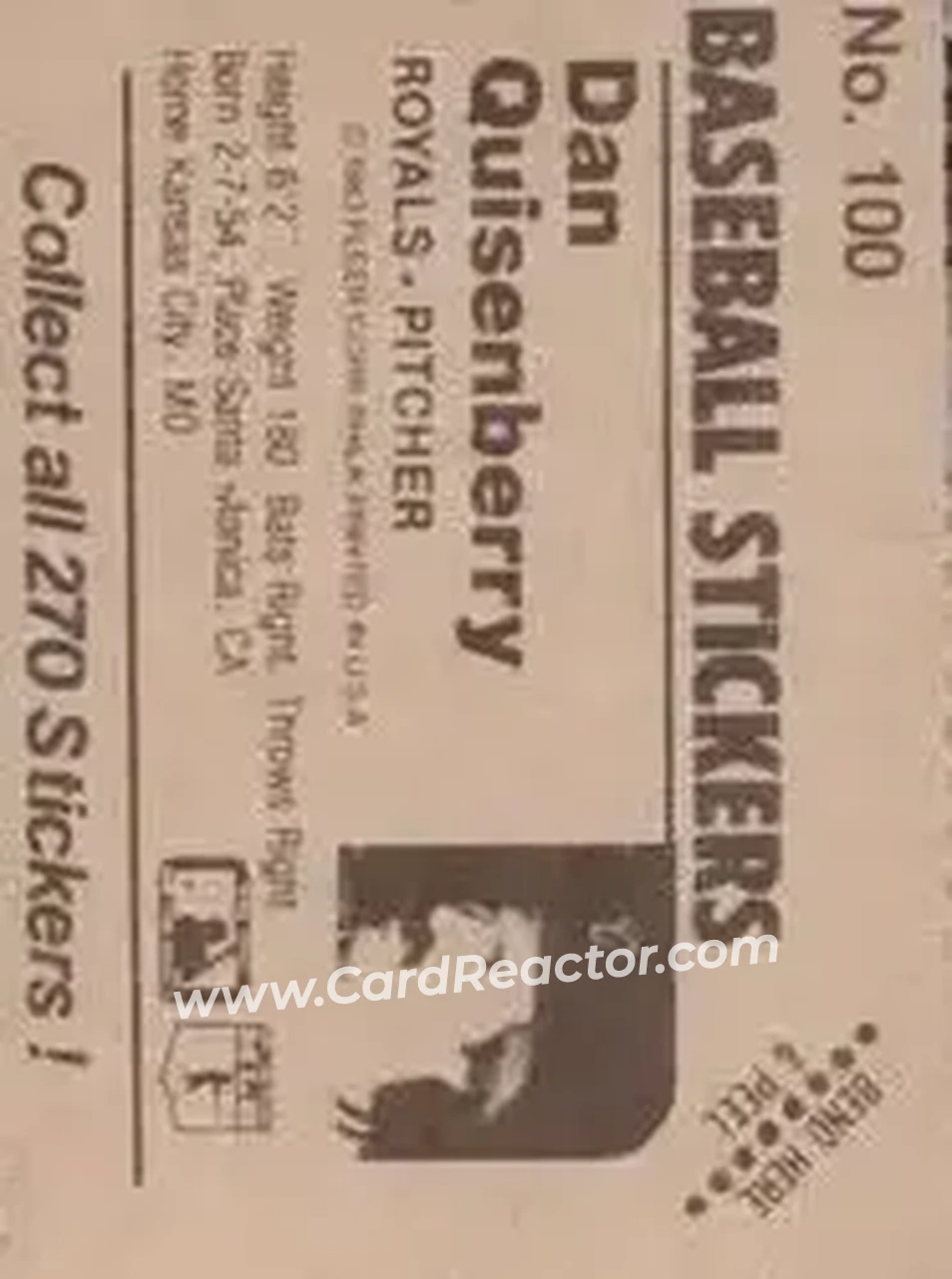 1983 Fleer Star Stickers #100 - Dan Quisenberry - Kansas City Royals - Back
