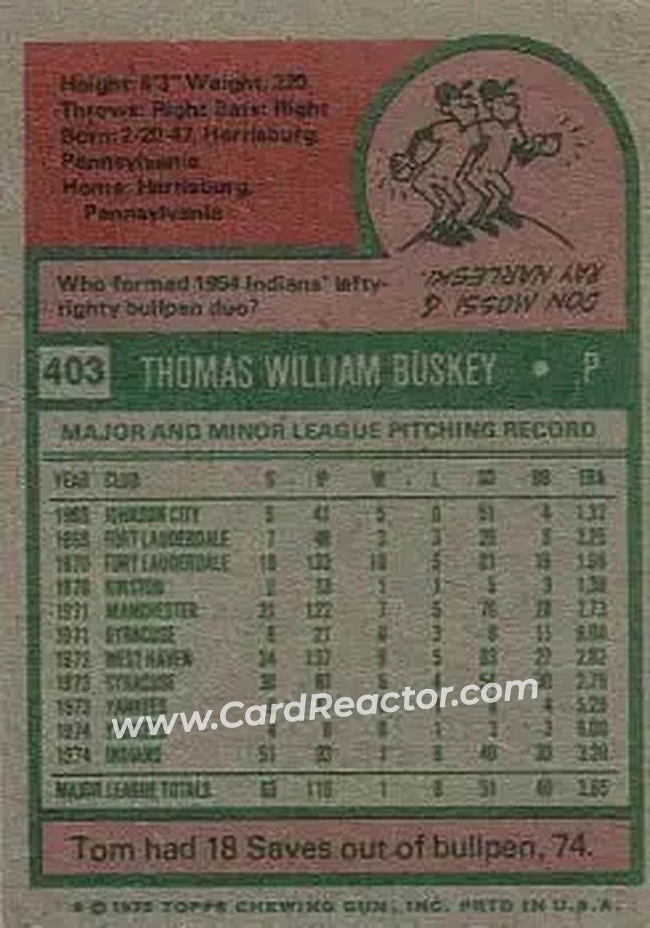 1975 Topps #403 - Tom Buskey - Cleveland Indians - Back
