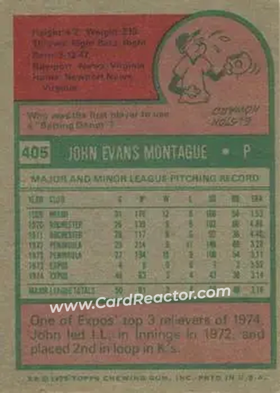 1975 Topps #405 - John Montague - Montreal Expos - Back