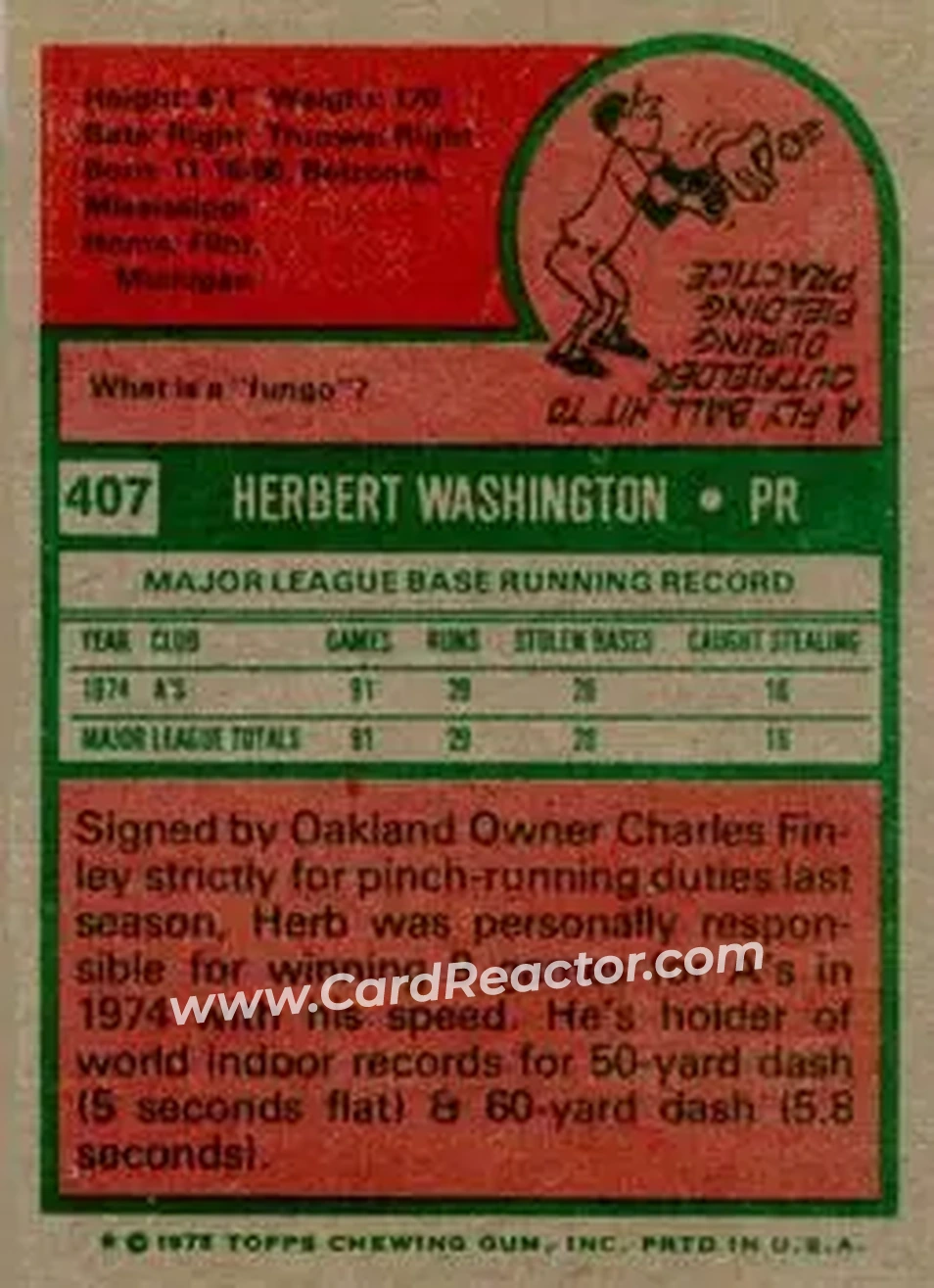 1975 Topps #407 - Herb Washington - Oakland Athletics - Back