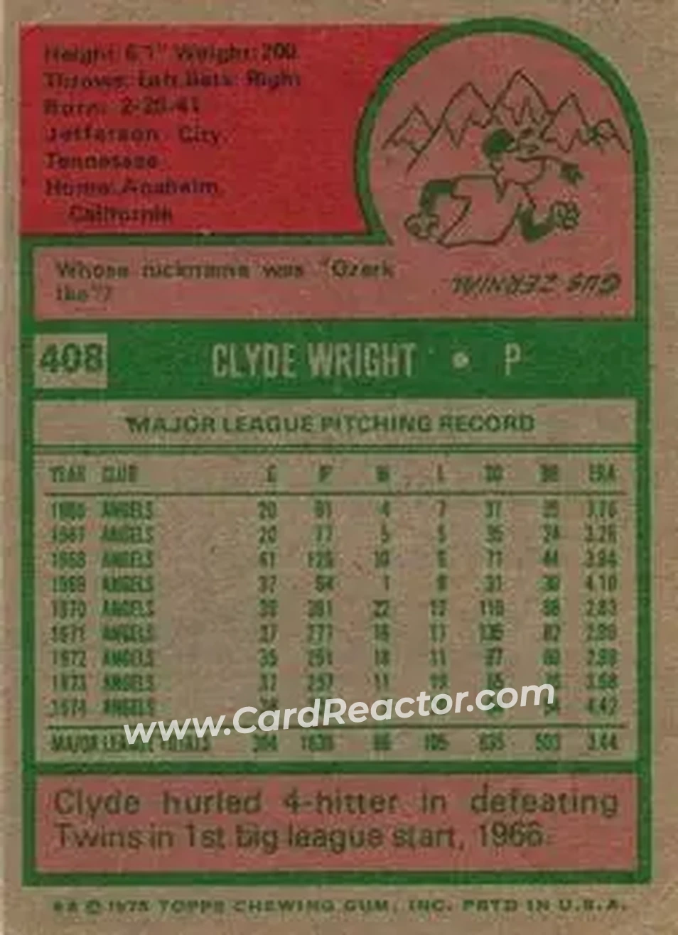 1975 Topps #408 - Clyde Wright - Milwaukee Brewers - Back 1975 Topps #408 - Clyde Wright - Milwaukee Brewers - Back