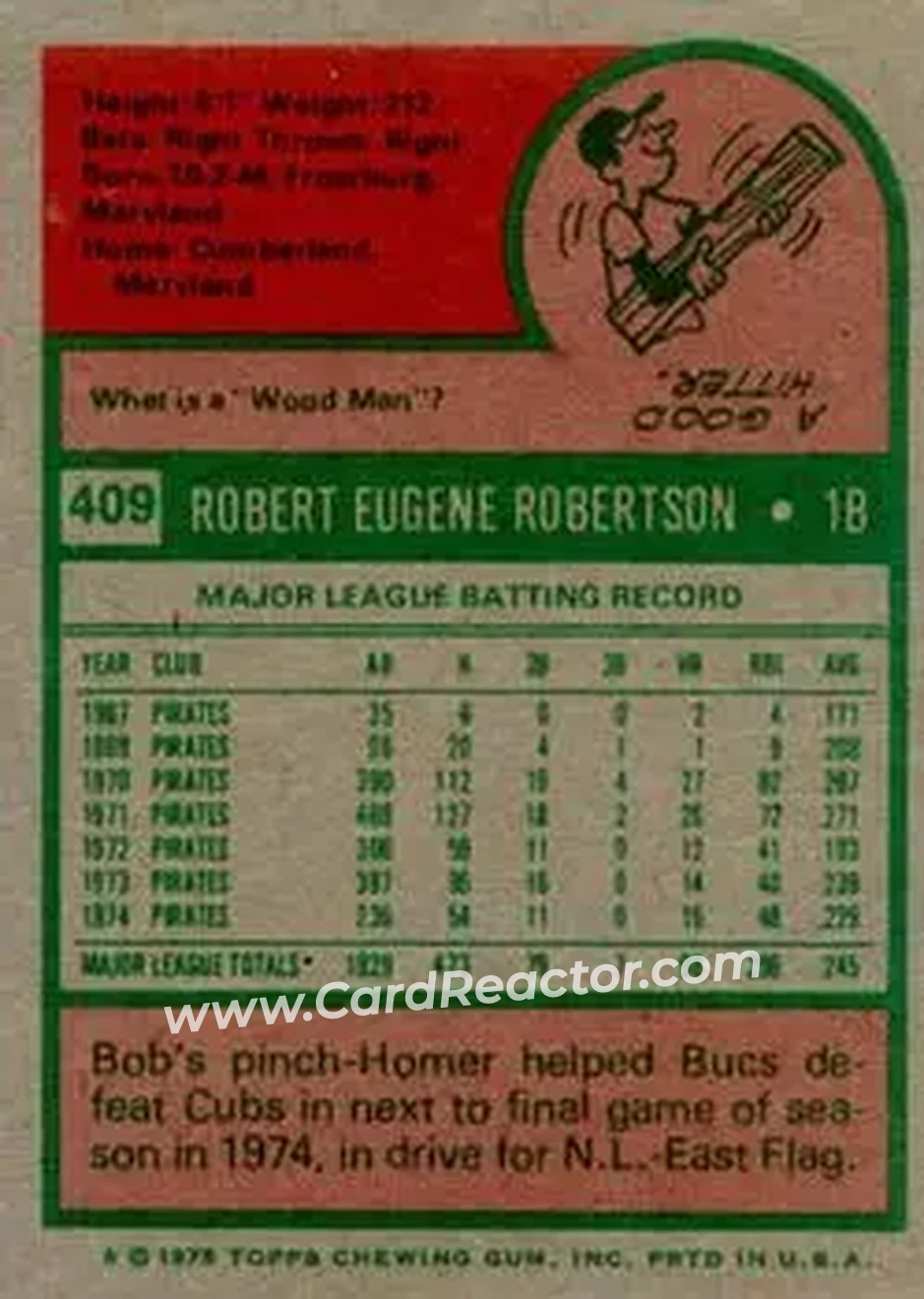1975 Topps #409 - Bob Robertson - Pittsburgh Pirates - Back 1975 Topps #409 - Bob Robertson - Pittsburgh Pirates - Back